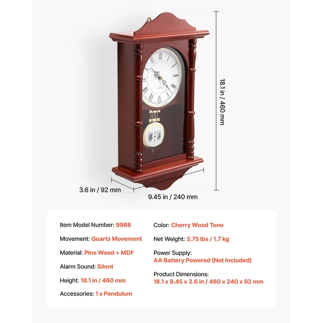 Alt view image 7 of 7 - Grandfather Clock Vintage Pendulum Wall Clock 18 in with Quartz Movement