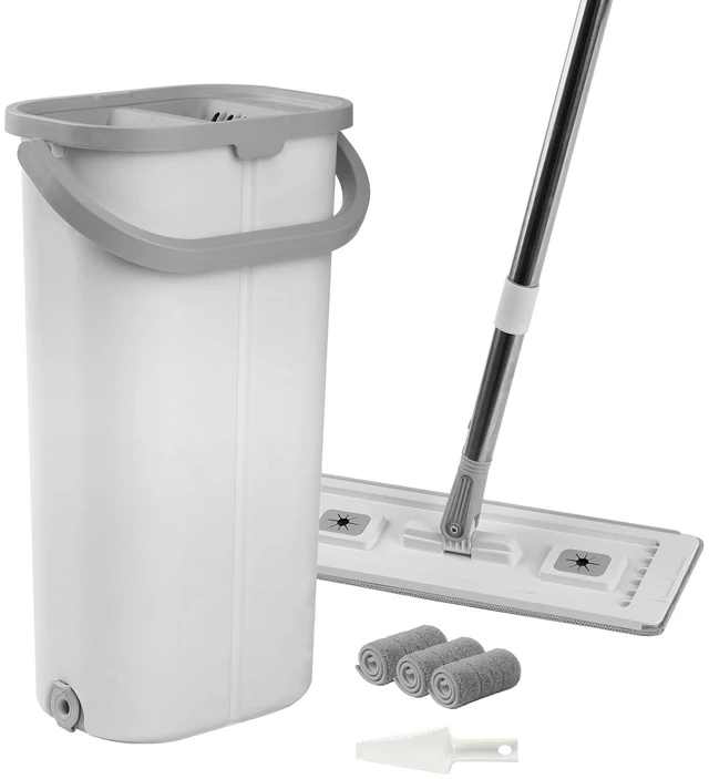 Main image of Mop and Bucket with Wringer Set, Wet & Dry Use, Flat Mop and Bucket System with 3 Washable Microfiber Pads, Flat Mop with Stainless Steel Handle, Mop Bucket Set for Hardwood Tile Vinyl