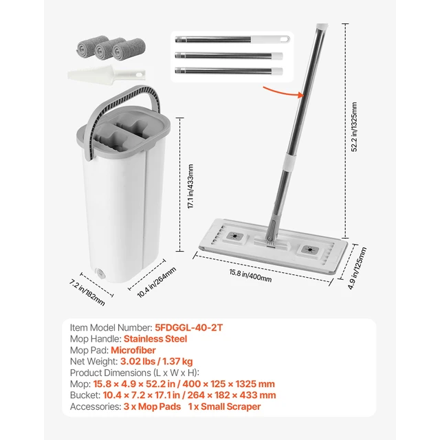 Alt view image 3 of 7 - Mop and Bucket with Wringer Set, Wet & Dry Use, Flat Mop and Bucket System with 3 Washable Microfiber Pads, Flat Mop with Stainless Steel Handle, Mop Bucket Set for Hardwood Tile Vinyl