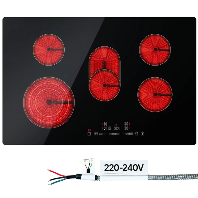 Alt view image 3 of 7 - Built in Electric Stove Top, 30.3 x 20.5 inch 5 Burners, 240V Glass Radiant Cooktop with Sensor Touch Control, Timer & Child Lock Included, 9 Power Levels for Simmer Steam Slow Cook Fry