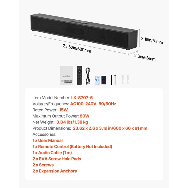 Alt view image 6 of 7 - Sound Bar for Smart TV, 2.0 Channel, 24-Inch Compact Soundbar TV Speakers for Projector, Bluetooth AUX Connection, Remote Control, Easy Setup, 80W Surround Sound System for PC Home Theater Audio