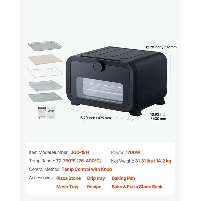 Alt view image 4 of 7 - Pizza Oven, 8 Presets Electric Pizza Ovens Air Fry Combo, 12-Inch Indoor Pizza Maker Smart Knob Control , 750°F Max Temp, IPX4 Waterproof Countertop Pizza Cooker w/Pizza Stone,Fry Basket