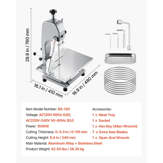 Alt view image 2 of 7 - Commercial Electric Meat Bandsaw, 1500W Bone Sawing Machine with 12.4" x 18.1" Workbench, 0-4.3" Cutting Thickness, 7 Extra Replacement Blades, for Cutting Bone, Frozen Meat, Pork, Beef & Ribs