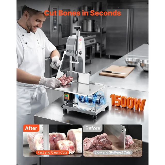 Alt view image 7 of 7 - Commercial Electric Meat Bandsaw, 1500W Bone Sawing Machine with 12.4" x 18.1" Workbench, 0-4.3" Cutting Thickness, 7 Extra Replacement Blades, for Cutting Bone, Frozen Meat, Pork, Beef & Ribs