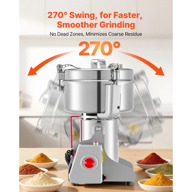 Alt view image 5 of 7 - 2000g Electric Grain Mill Grinder, 3400W 32000RPM High Speed Spice Corn Dry Grinding Machine, Stainless Steel Pulverizer Powder Machine for Dried Grains Coffee Beans Spices Nuts (270° Swing Type)