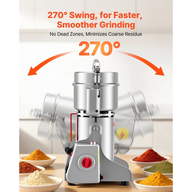 Alt view image 5 of 7 - 300g Electric Grain Mill Grinder, 1500W 28000RPM High Speed Spice Corn Dry Grinding Machine, Stainless Steel Pulverizer Powder Machine for Dried Grains Coffee Beans Spices Nuts (270° Swing Type)