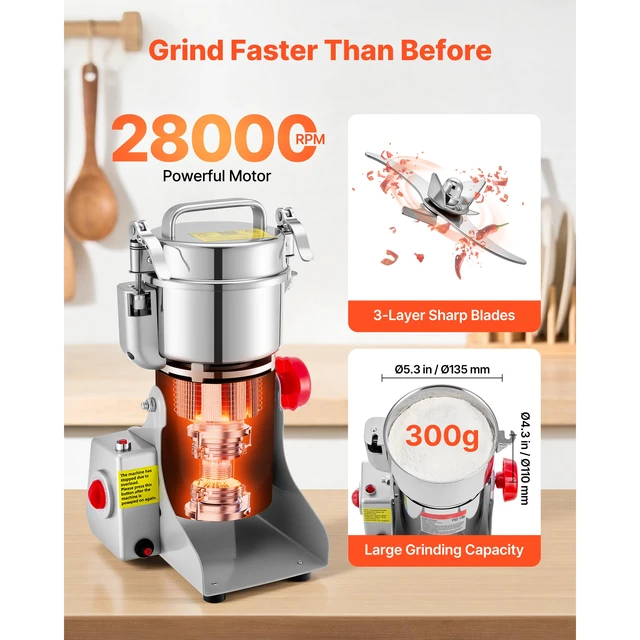 Alt view image 7 of 7 - 300g Electric Grain Mill Grinder, 1500W 28000RPM High Speed Spice Corn Dry Grinding Machine, Stainless Steel Pulverizer Powder Machine for Dried Grains Coffee Beans Spices Nuts (270° Swing Type)
