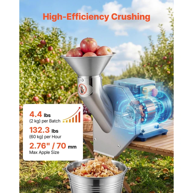 Alt view image 5 of 7 - 550W Electric Fruit Apple Crusher, SUS304 Desktop Crushing Machine, Grinds Whole Apples Up to 2.76" Dia, 60 KG/H Capacity, Cider Press for Apples, Pears, Pineapple, Guava, Carrot, Potato