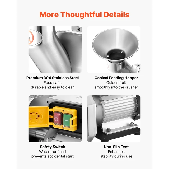 Alt view image 7 of 7 - 550W Electric Fruit Apple Crusher, SUS304 Desktop Crushing Machine, Grinds Whole Apples Up to 2.76" Dia, 60 KG/H Capacity, Cider Press for Apples, Pears, Pineapple, Guava, Carrot, Potato
