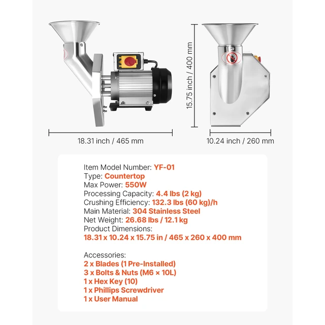 Alt view image 2 of 7 - 550W Electric Fruit Apple Crusher, SUS304 Desktop Crushing Machine, Grinds Whole Apples Up to 2.76" Dia, 60 KG/H Capacity, Cider Press for Apples, Pears, Pineapple, Guava, Carrot, Potato