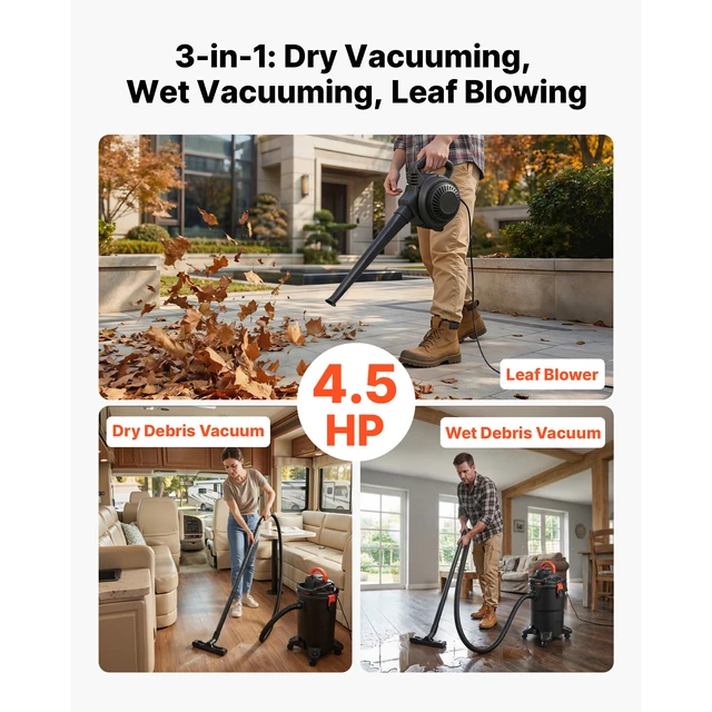 Alt view image 2 of 7 - 3-in-1 Shop Vac, 8 Gallon Wet Dry Shop Vacuum, 4.5 Peak HP Portable Vacuum Cleaner with Blower, Dual-Filter, 1350W Input Power, 1.25in x 7ft Hose, 9.8ft Cord for Jobsite, Workshop, Garage, Home
