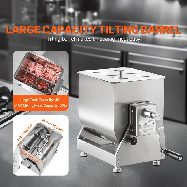 Alt view image 2 of 7 - Manual Meat Mixer, 40L Tilt Tank Meat Processing Equipment(Mixing Max 40L for Meat), Stainless Steel Meat Mixer, Sausage Mixer Machine with Lid Handle Gear Reducer, Ground Beef Hand Mixer