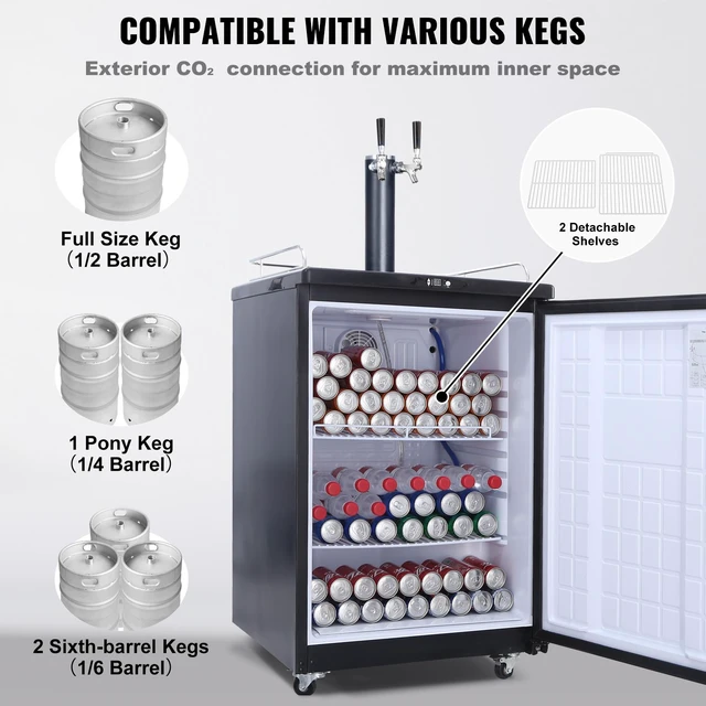 Alt view image 4 of 7 - Beer Kegerator, Dual Tap Draft Beer Dispenser, Full Size Keg Refrigerator With Shelves, CO2 Cylinder, Drip Tray & Rail, 32°F- 75.2°F Temperature Control, Holds 1/6, 1/4, 1/2 Barrels, Black