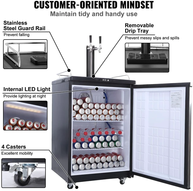 Alt view image 6 of 7 - Beer Kegerator, Dual Tap Draft Beer Dispenser, Full Size Keg Refrigerator With Shelves, CO2 Cylinder, Drip Tray & Rail, 32°F- 75.2°F Temperature Control, Holds 1/6, 1/4, 1/2 Barrels, Black