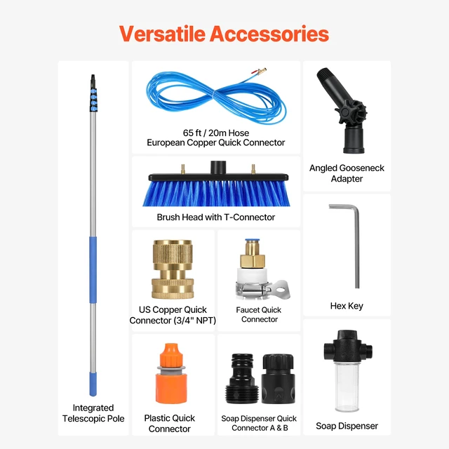Alt view image 6 of 7 - Water Fed Pole Kit, 30FT Solar Panel Cleaning Pole with Extendable Handle, 180° Rotatable Brush Head & 65.6FT Hose, Household & Outdoor Window Cleaner Tool for Caravan Solar Panel Deck