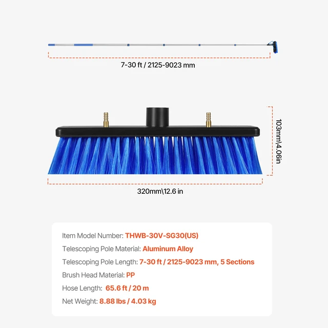 Alt view image 7 of 7 - Water Fed Pole Kit, 30FT Solar Panel Cleaning Pole with Extendable Handle, 180° Rotatable Brush Head & 65.6FT Hose, Household & Outdoor Window Cleaner Tool for Caravan Solar Panel Deck