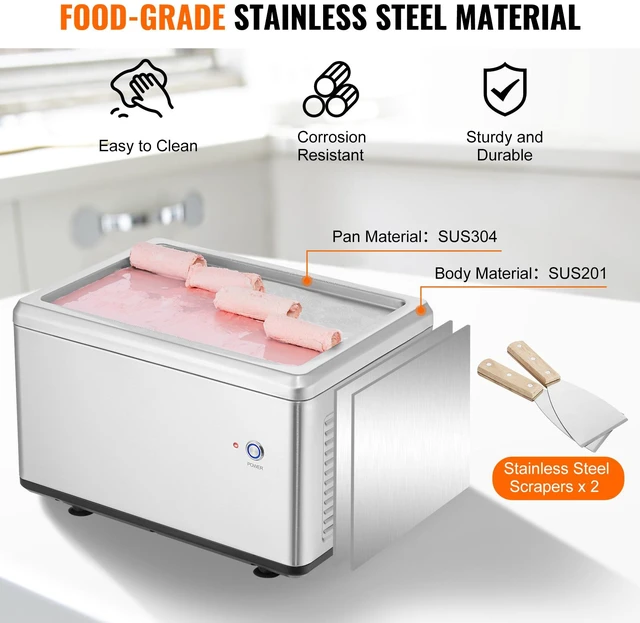 Alt view image 4 of 7 - Fried Ice Cream Roll Machine, 12.6" x 8.5" Stir-Fried Ice Cream Pan, Stainless Steel Rolled Ice Cream Maker with Compressor and 2 Scrapers, for Making Ice Cream, Frozen Yogurt, Ice Cream Rolls