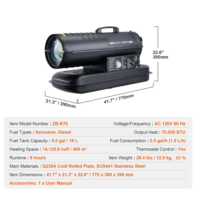 Alt view image 7 of 7 - Kerosene Forced Air Heater, 70000 BTU Portable Torpedo Diesel Space Heater with Thermostat, 5 Gallon Tank Energy-Efficient heavy-duty Heater, for Indoor Outdoor Use Workshop Industry
