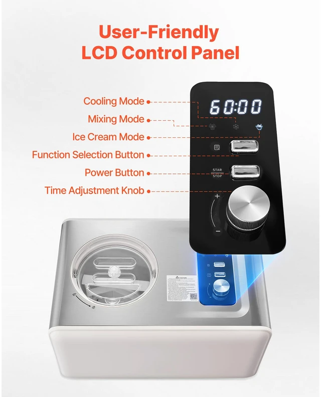 Alt view image 4 of 7 - Automatic Ice Cream Maker with Built-in Compressor, 2 Quart No Pre-freezing Gelato Maker, Electric Sorbet-Maker, 3 Modes Compressor Ice Cream Machine for Home Kitchen