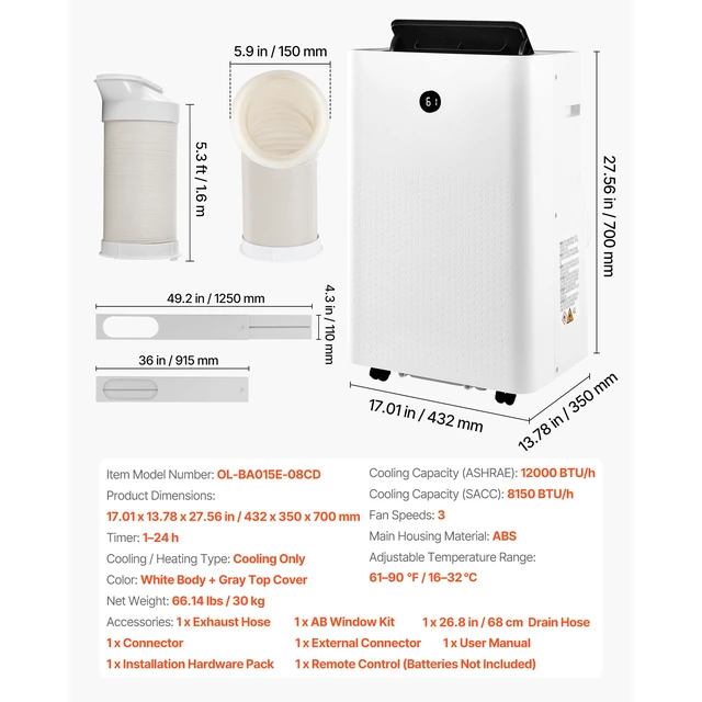 Alt view image 7 of 7 - Portable Air Conditioner, 12000 BTU ASHRAE (8150 BTU SACC) 4-in-1 Standing Cooling Ac Unit, LED Touch Panel & Remote Control, 24h Timer, Cooling, Dehumidifier, Fan, Sleep Mode for Room Indoor