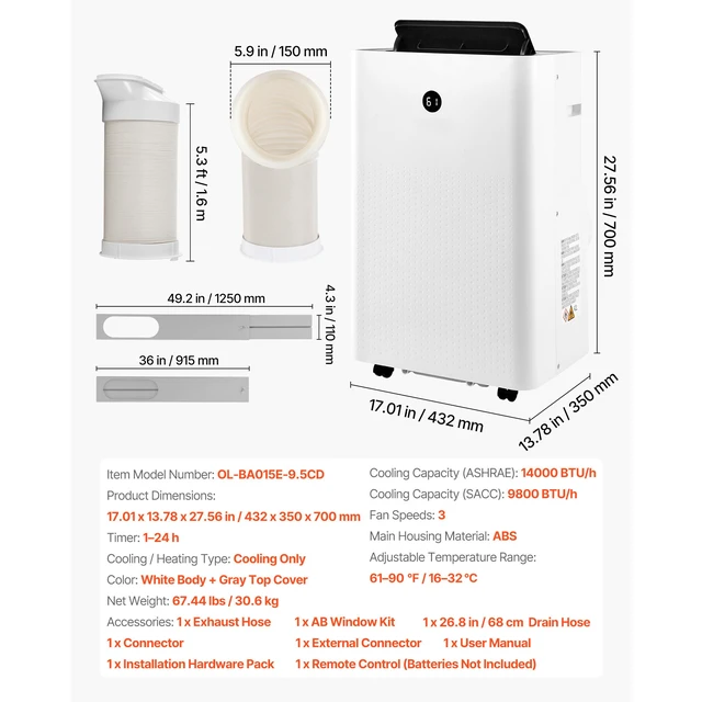 Alt view image 7 of 7 - Portable Air Conditioner, 14000 BTU ASHRAE (9800 BTU SACC) 4-in-1 Standing Cooling Ac Unit, LED Touch Panel & Remote Control, 24h Timer, Cooling, Dehumidifier, Fan, Sleep Mode for Room Indoor