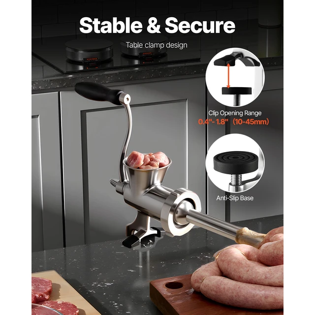 Alt view image 2 of 7 - Manual Meat Grinder, 304 Stainless Steel Hand Crank Meat Mincer with Steel Table Clamp, Sausage Stuffer with 2 Cutting Plates & Sausage Tube, Food Grinder for Beef Chili Pork Kitchen Tabletop