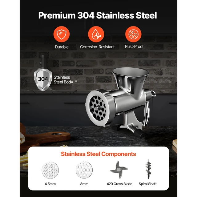 Alt view image 3 of 7 - Manual Meat Grinder, 304 Stainless Steel Hand Crank Meat Mincer with Steel Table Clamp, Sausage Stuffer with 2 Cutting Plates & Sausage Tube, Food Grinder for Beef Chili Pork Kitchen Tabletop
