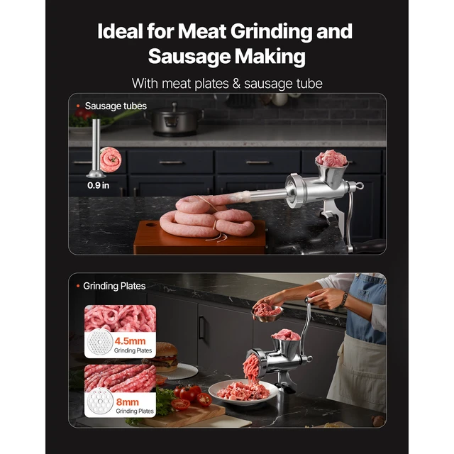 Alt view image 4 of 7 - Manual Meat Grinder, 304 Stainless Steel Hand Crank Meat Mincer with Steel Table Clamp, Sausage Stuffer with 2 Cutting Plates & Sausage Tube, Food Grinder for Beef Chili Pork Kitchen Tabletop