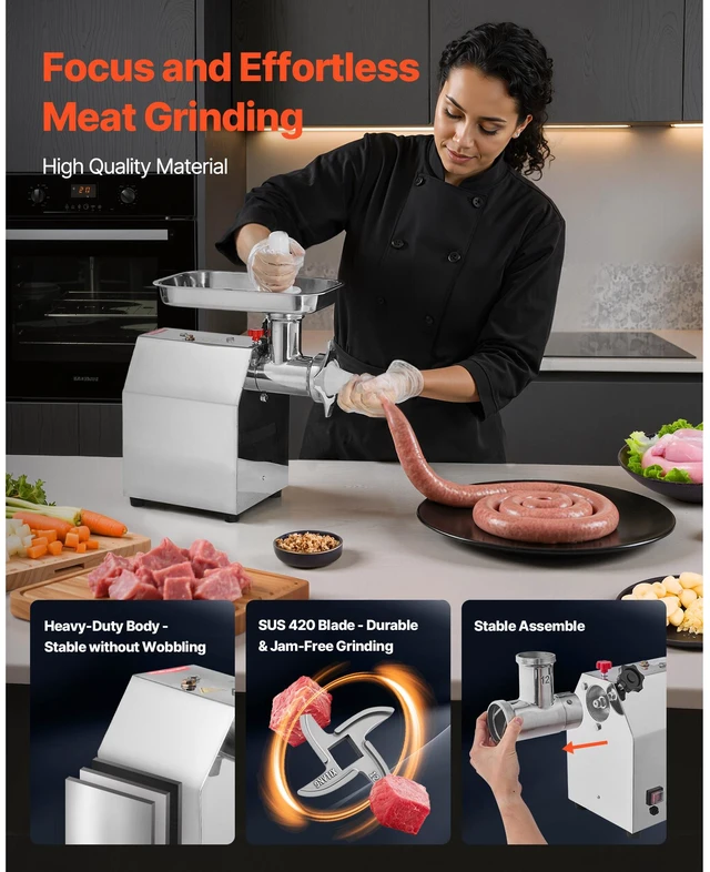 Alt view image 6 of 7 - Commercial Electric Meat Grinder, 7 lbs/min Capacity, #12 Industrial Meat Mincer with 2 Stainless Steel Blades, 2 Grinding Plates, 850W Heavy-Duty Sausage Maker Stuffer, for Kitchen, Restaurant