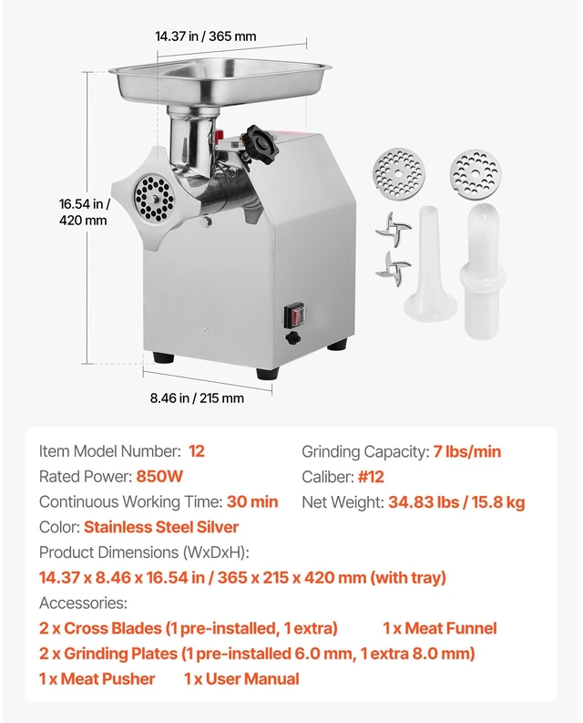 Alt view image 7 of 7 - Commercial Electric Meat Grinder, 7 lbs/min Capacity, #12 Industrial Meat Mincer with 2 Stainless Steel Blades, 2 Grinding Plates, 850W Heavy-Duty Sausage Maker Stuffer, for Kitchen, Restaurant