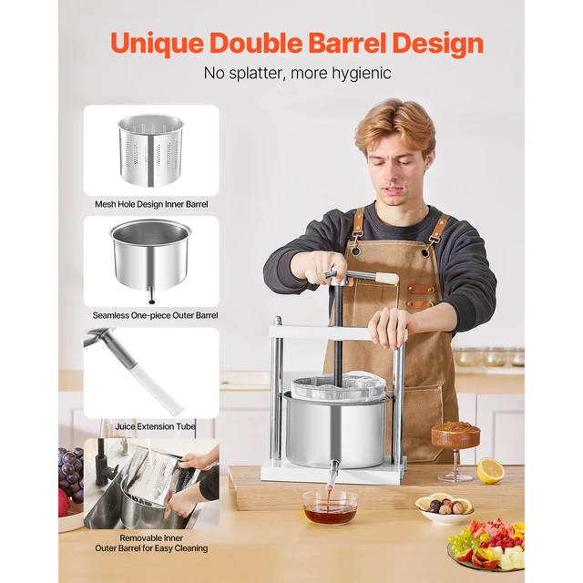 Alt view image 5 of 7 - 1.45 Gal/5L Fruit Wine Press, 2 Stainless Steel Barrels, Manual Juice Maker, Cider Apple Grape Tincture Honey Olive Oil Making Press with Triangular Handle for Outdoor Kitchen Home