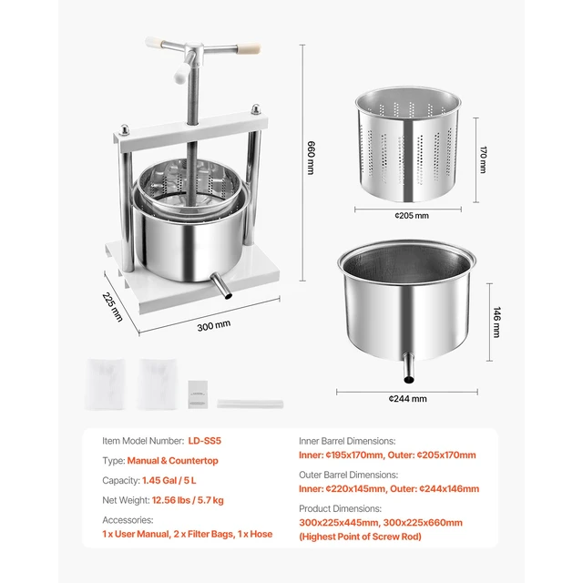 Alt view image 7 of 7 - 1.45 Gal/5L Fruit Wine Press, 2 Stainless Steel Barrels, Manual Juice Maker, Cider Apple Grape Tincture Honey Olive Oil Making Press with Triangular Handle for Outdoor Kitchen Home