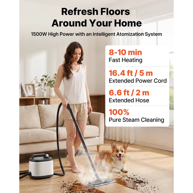 Alt view image 4 of 7 - Steam Cleaner, 51 oz Tank, Steamer for Cleaning with 19 Accessories, Extended Power Cord and Hose, Portable Handle, Fast Heating, Powerful Canister Steam Cleaner for Home, Car Detailing, Floors