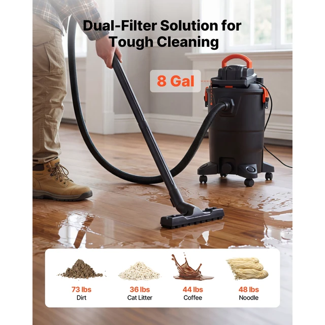 Alt view image 6 of 7 - 3-in-1 Shop Vac, 8 Gallon Wet Dry Shop Vacuum, 4.5 Peak HP Portable Vacuum Cleaner with Blower, Dual-Filter, 1350W Input Power, 1.25in x 7ft Hose, 9.8ft Cord for Jobsite, Workshop, Garage, Home
