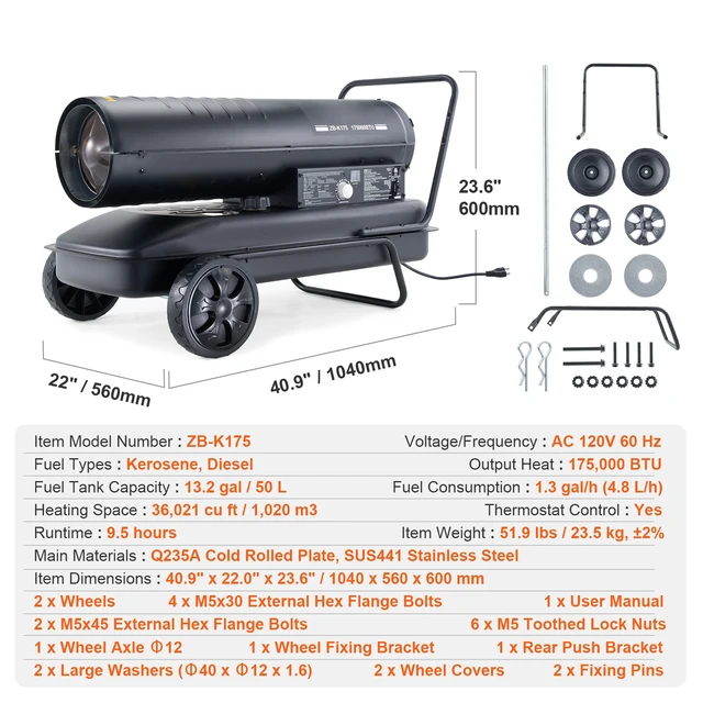 Alt view image 7 of 7 - Kerosene Forced Air Heater, 175000 BTU Portable Air Space Heater with Thermostat, 13.2 Gallon Tank Energy-Efficient heavy-duty Heater, for Indoor Outdoor Use Workshop Industry