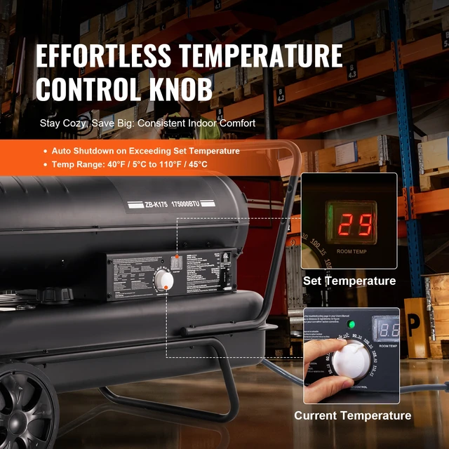 Alt view image 3 of 7 - Kerosene Forced Air Heater, 175000 BTU Portable Air Space Heater with Thermostat, 13.2 Gallon Tank Energy-Efficient heavy-duty Heater, for Indoor Outdoor Use Workshop Industry