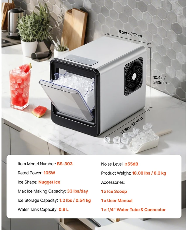 Alt view image 7 of 7 - Countertop Ice Maker, 33 lbs per Day, Self-Cleaning Portable Machine with Scoop, Drawer-Style Ice Access, Nugget Ice-Making Machine with Chewable Ices for Home, Kitchen, Office, Bar & Party