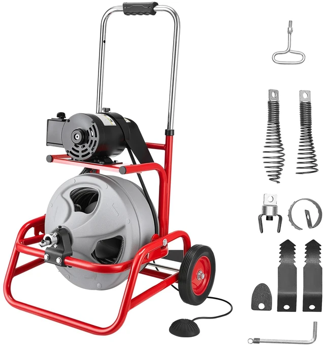 Main image of Drain Cleaner Machine 75 FT x 1/2 Inch, Sewer Snake Auger on Wheels, Manual Feed Drain Cleaning Machine with Adjustable Drum Angle, 6 Cutters & Air-activated Foot Switch for 2" to 6" Pipes