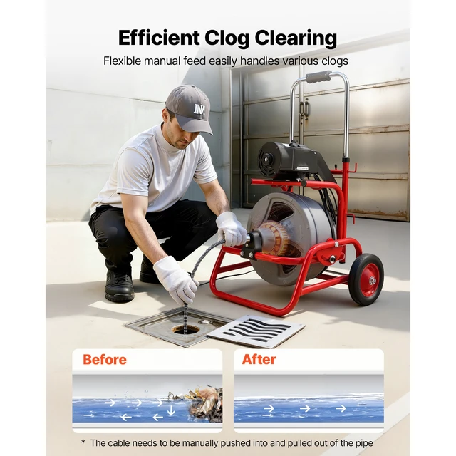 Alt view image 2 of 7 - Drain Cleaner Machine 75 FT x 1/2 Inch, Sewer Snake Auger on Wheels, Manual Feed Drain Cleaning Machine with Adjustable Drum Angle, 6 Cutters & Air-activated Foot Switch for 2" to 6" Pipes