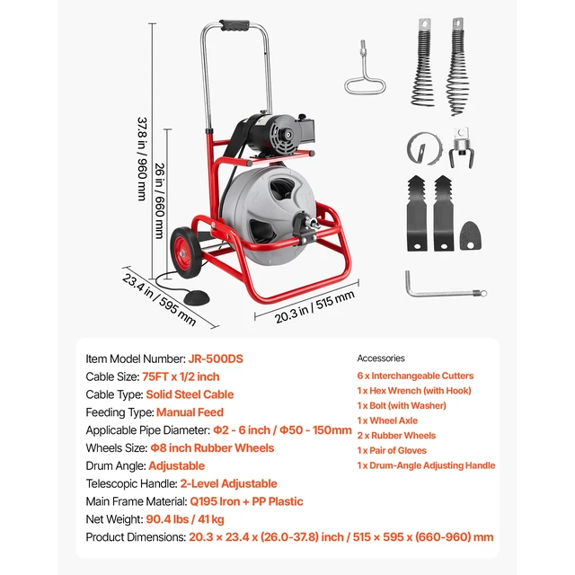 Alt view image 7 of 7 - Drain Cleaner Machine 75 FT x 1/2 Inch, Sewer Snake Auger on Wheels, Manual Feed Drain Cleaning Machine with Adjustable Drum Angle, 6 Cutters & Air-activated Foot Switch for 2" to 6" Pipes