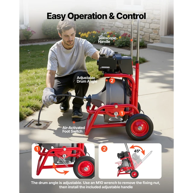 Alt view image 5 of 7 - Drain Cleaner Machine 75 FT x 1/2 Inch, Sewer Snake Auger on Wheels, Manual Feed Drain Cleaning Machine with Adjustable Drum Angle, 6 Cutters & Air-activated Foot Switch for 2" to 6" Pipes