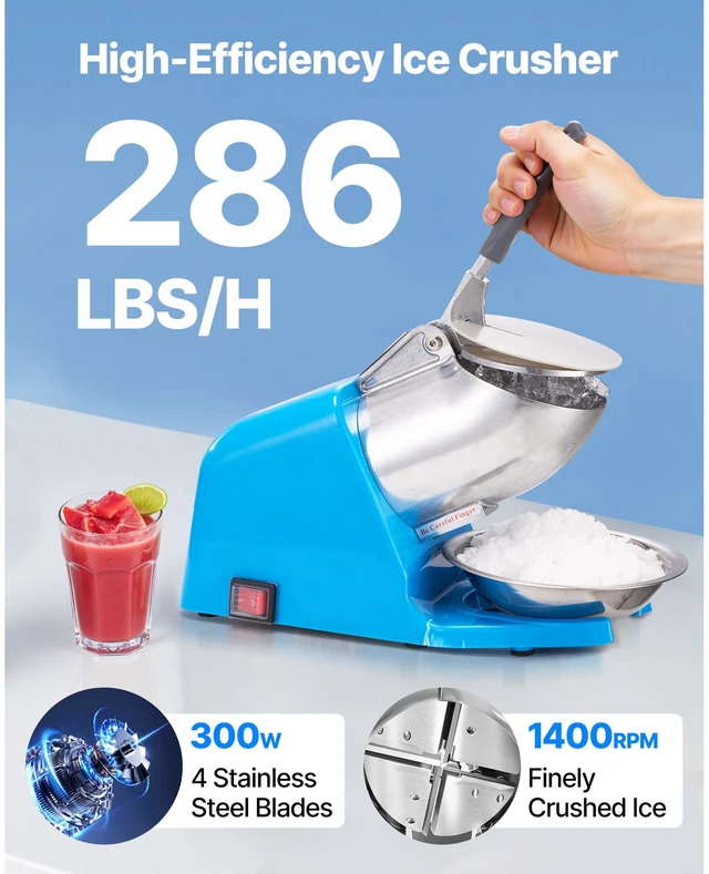 Alt view image 2 of 7 - Ice Crusher Machine, 286lbs Per Hour Electric 4 Blades Snow Cone Maker, Stainless Steel Shaved Ice Machine with Bowl and Cover, 300W 2000RPM Ice-Shaver for Home and Commercial Use, Blue