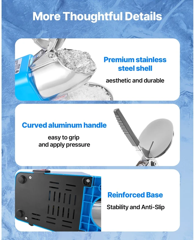 Alt view image 6 of 7 - Ice Crusher Machine, 286lbs Per Hour Electric 4 Blades Snow Cone Maker, Stainless Steel Shaved Ice Machine with Bowl and Cover, 300W 2000RPM Ice-Shaver for Home and Commercial Use, Blue