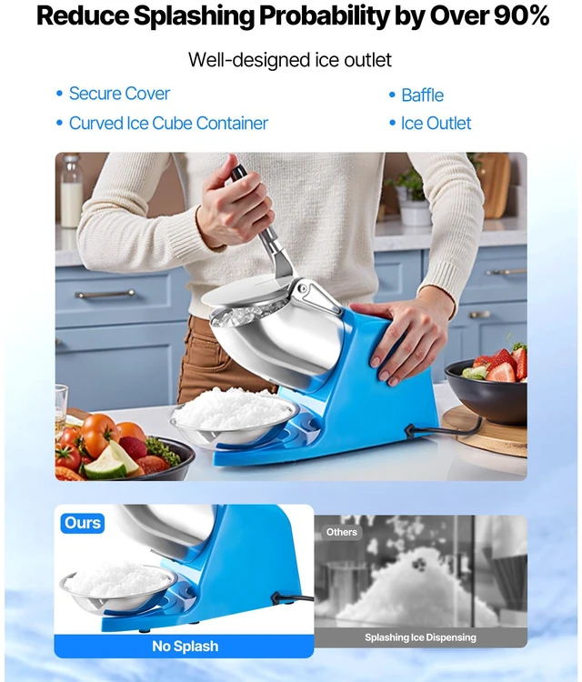 Alt view image 5 of 7 - Ice Crusher Machine, 286lbs Per Hour Electric 4 Blades Snow Cone Maker, Stainless Steel Shaved Ice Machine with Bowl and Cover, 300W 2000RPM Ice-Shaver for Home and Commercial Use, Blue