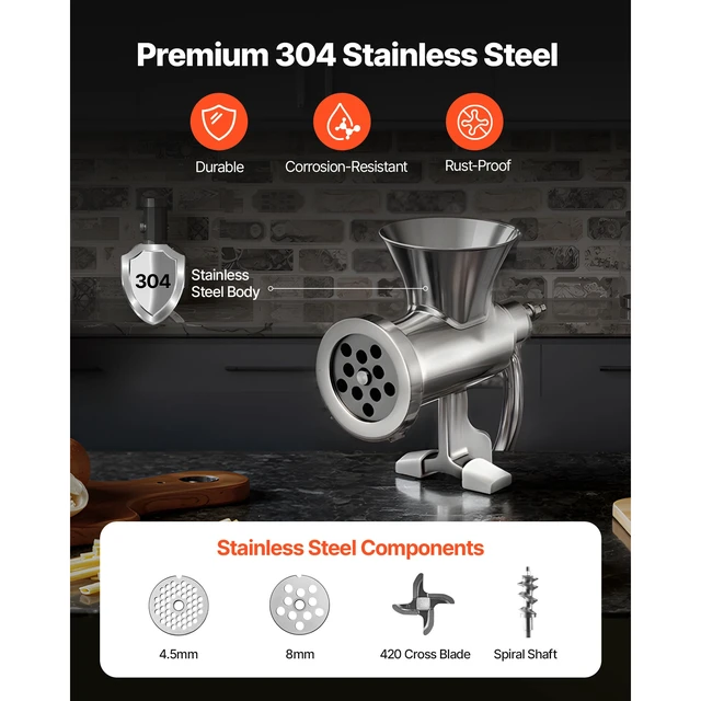 Alt view image 3 of 7 - Manual Meat Grinder, 304 Stainless Steel Hand Crank Meat Mincer with Steel Table Clamp, Sausage Stuffer with 2 Cutting Plates & 4 Sausage Tubes, Food Grinder for Beef Chili Pork Kitchen Tabletop