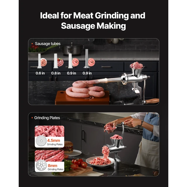 Alt view image 4 of 7 - Manual Meat Grinder, 304 Stainless Steel Hand Crank Meat Mincer with Steel Table Clamp, Sausage Stuffer with 2 Cutting Plates & 4 Sausage Tubes, Food Grinder for Beef Chili Pork Kitchen Tabletop