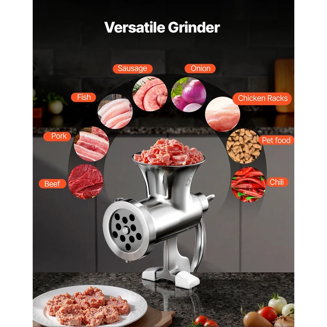 Alt view image 6 of 7 - Manual Meat Grinder, 304 Stainless Steel Hand Crank Meat Mincer with Steel Table Clamp, Sausage Stuffer with 2 Cutting Plates & 4 Sausage Tubes, Food Grinder for Beef Chili Pork Kitchen Tabletop