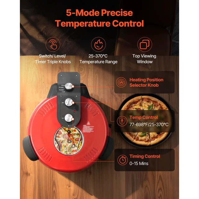Alt view image 4 of 7 - Pizza Oven, 14 in Electric Pizza Maker, 1600W Electric Pizzas Cooker with Cordierite Stone, 5-Mode Temperature Control, Viewing Window for Precise Cooking, Heats up to 698 F, for Home Kitchen