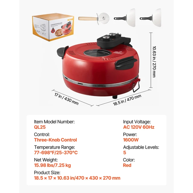 Alt view image 7 of 7 - Pizza Oven, 14 in Electric Pizza Maker, 1600W Electric Pizzas Cooker with Cordierite Stone, 5-Mode Temperature Control, Viewing Window for Precise Cooking, Heats up to 698 F, for Home Kitchen