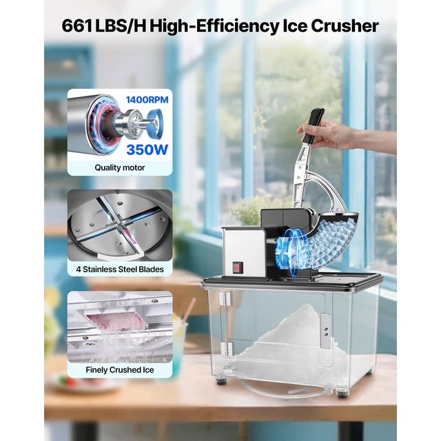 Alt view image 2 of 7 - Commercial Ice Crusher 661LBS/H, 350W Electric Snow Cone Machine with 4 Blades, 2000RPM Stainless Steel Shaved Ice Machine with 11 Gal Crushed-Ice Box, for Family Restaurants Bars, Black